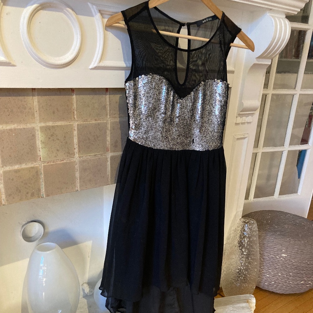 Ark & Co black lined sleeveless dress, silver sequin bodice flows beautifully